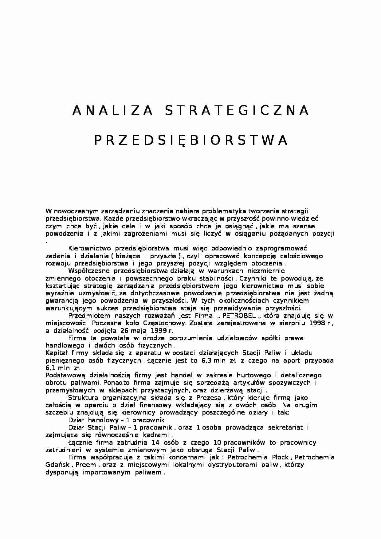 Analiza strategiczna przedsiębiorstwa - Zarządzanie strategiczne - strona 1