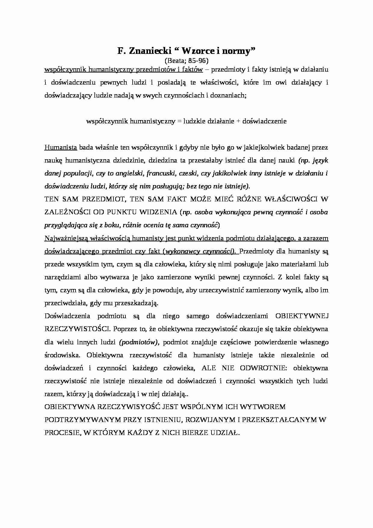 Opracowania, F. Znaniecki-Wzorce i normy - strona 1