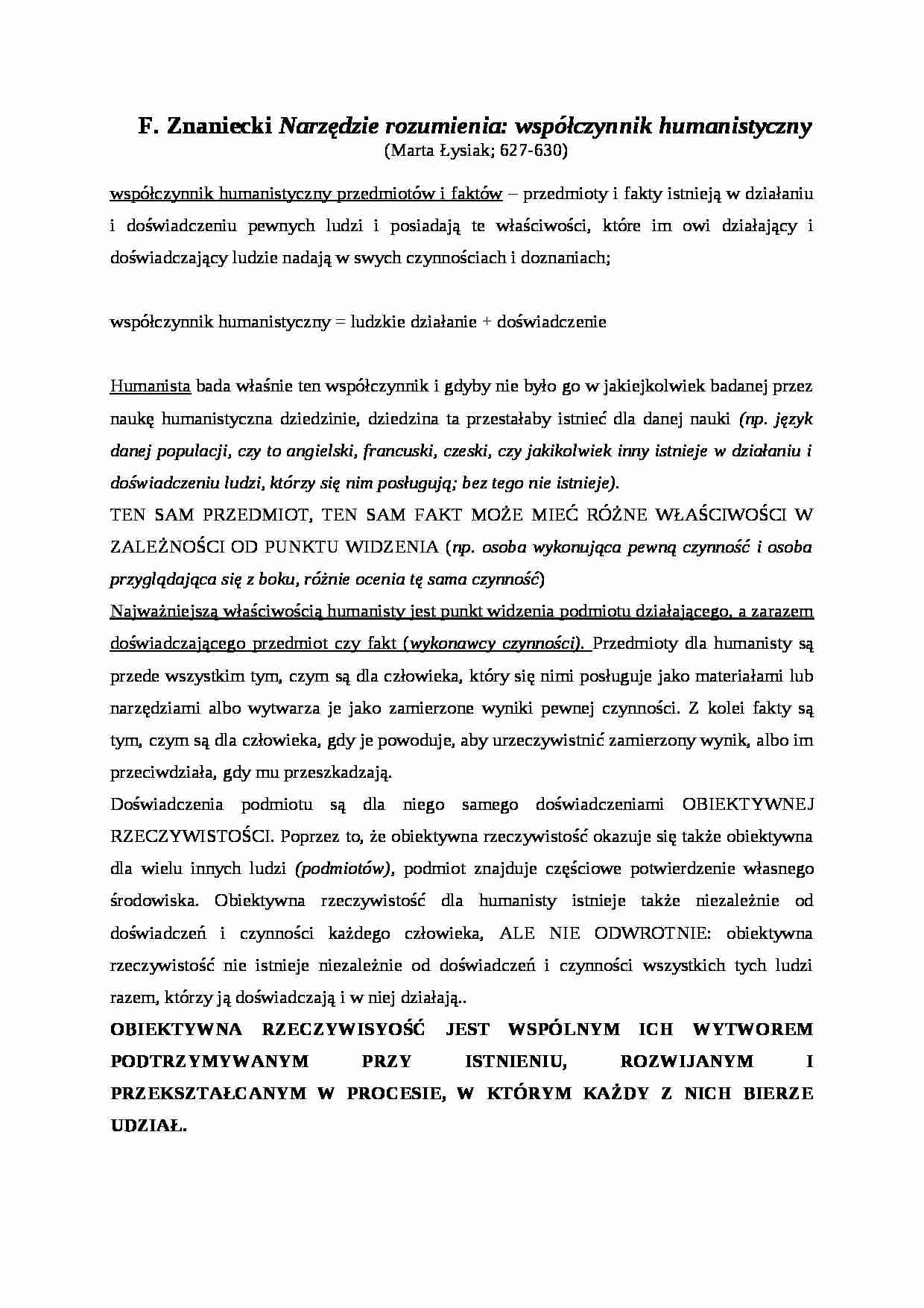 Opracowania, F. Znaniecki -Narzędzie rozumienia  współczynnik humanistyczny - strona 1