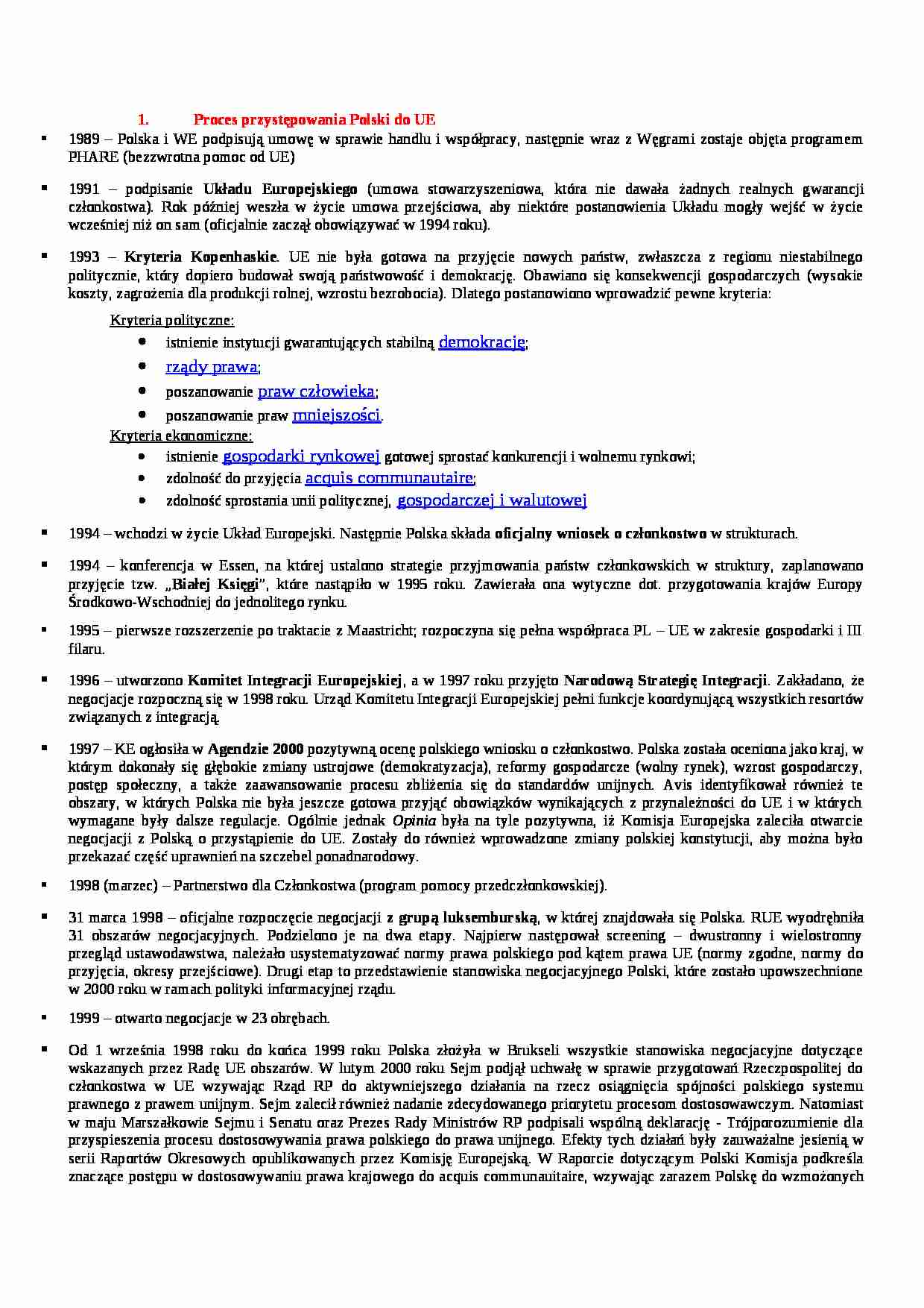Tezy na egzamin licencjacki-proces przystępowania Polski do UE - strona 1