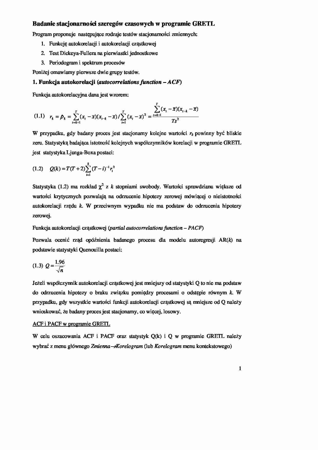 Badanie stacjonarności szeregów czasowych w programie GRETL - strona 1