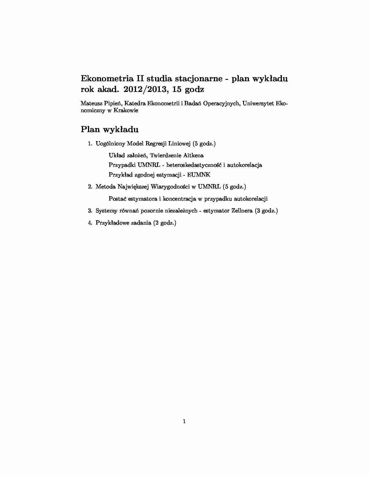 Ekonometria II studia stacjonarne - plan wykładu - strona 1