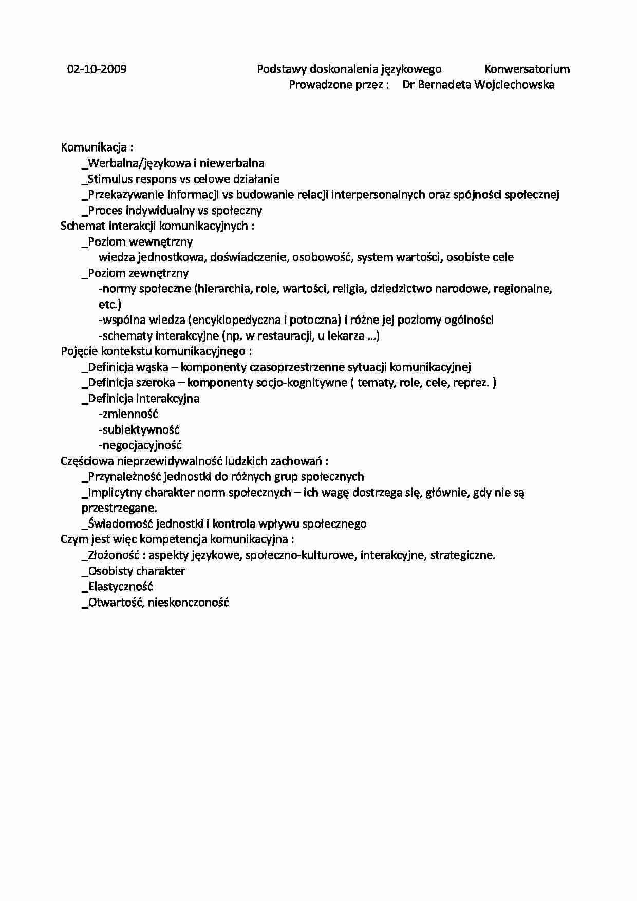 podstawy doskonalenia językowego konwersatorium dr Bernadeta Wojciechowska - strona 1