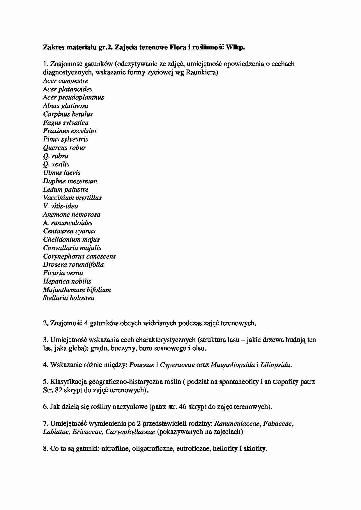 Zakres materiału - Flora i roślinność Wielkopolski - strona 1