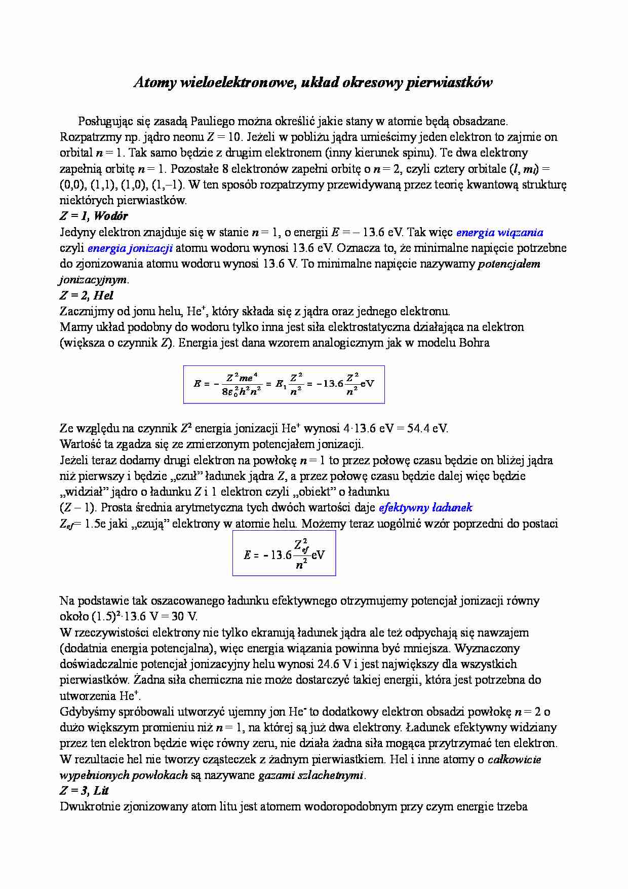Atomy wieloelektronowe, układ okresowy pierwiastków - zasada Pauliego - strona 1