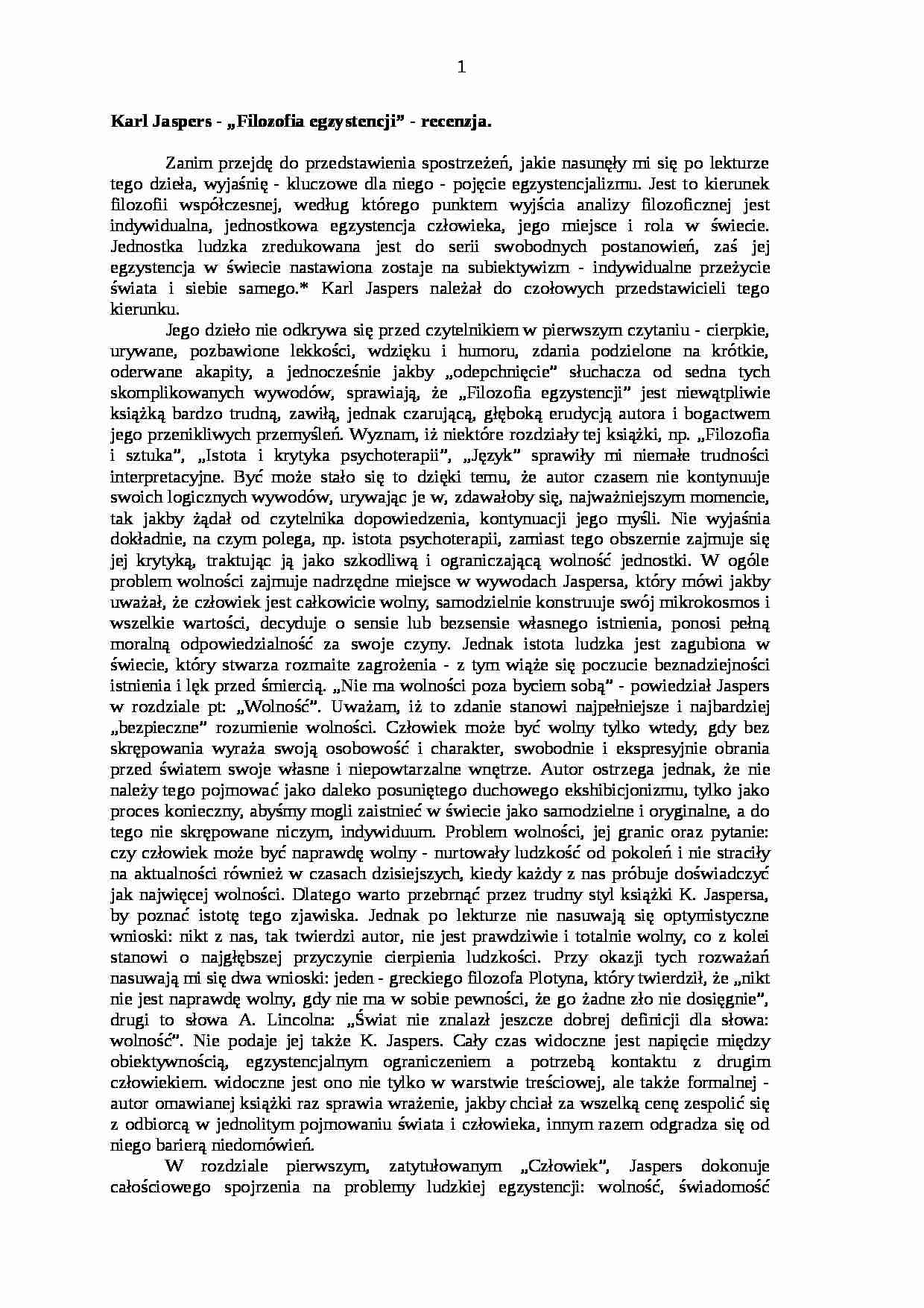 Karl Jaspers - „Filozofia egzystencji” - recenzja - strona 1