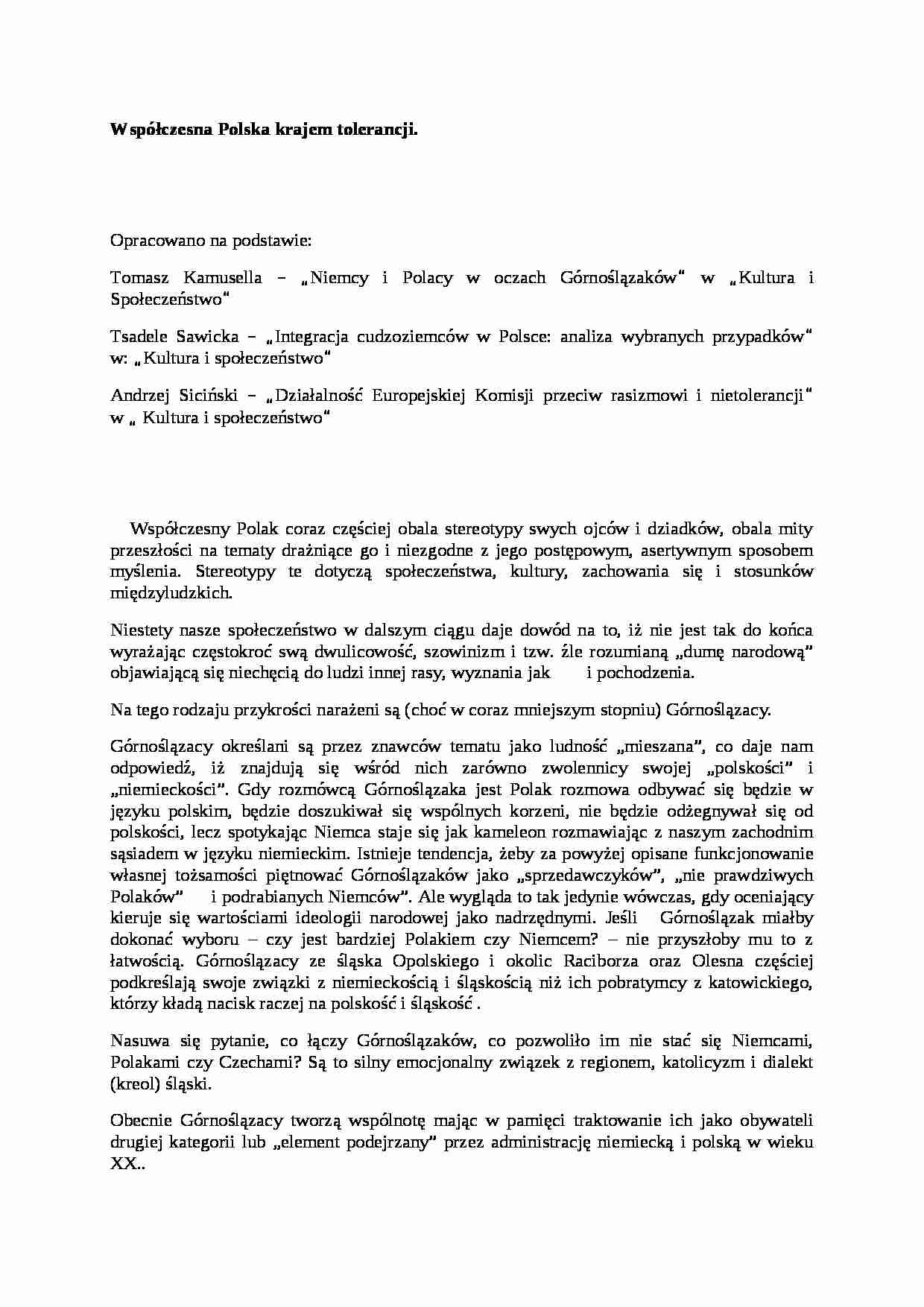 Współczesna Polska krajem tolerancji-opracowanie tematu - strona 1