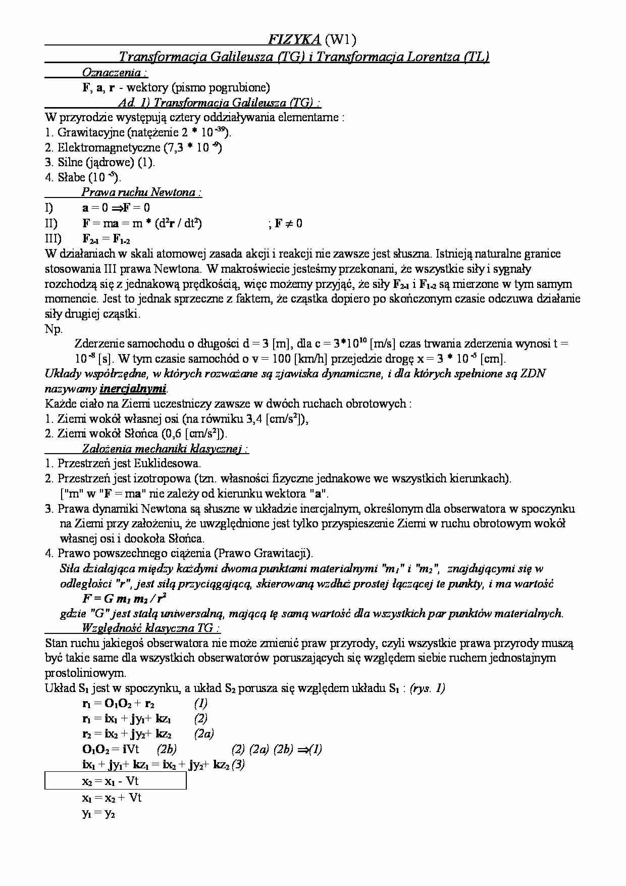 Transformacja Galileusza  i Transformacja Lorentza  - strona 1