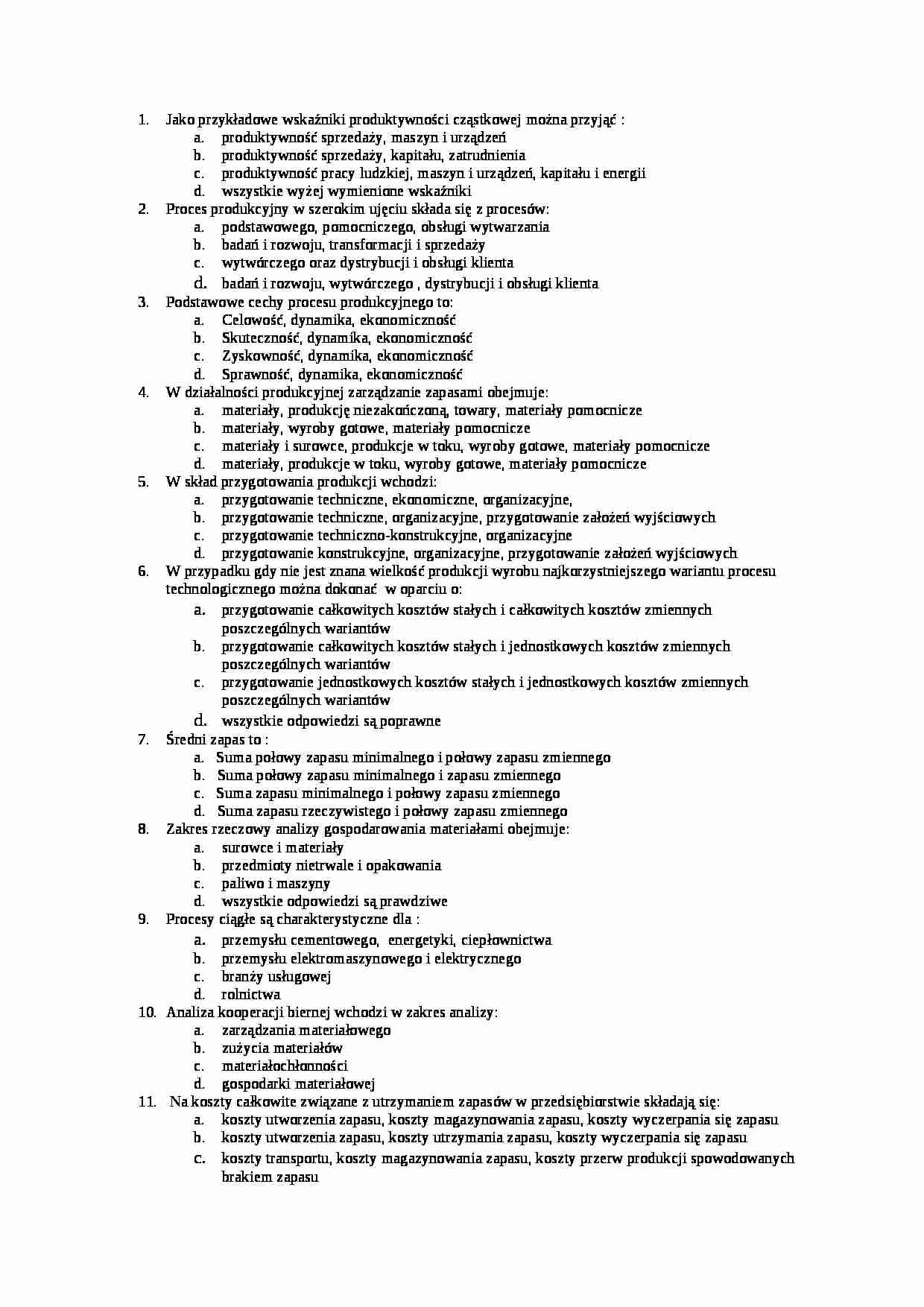 Zarządzanie produkcją - egzamin, prof. Kwieciński - strona 1