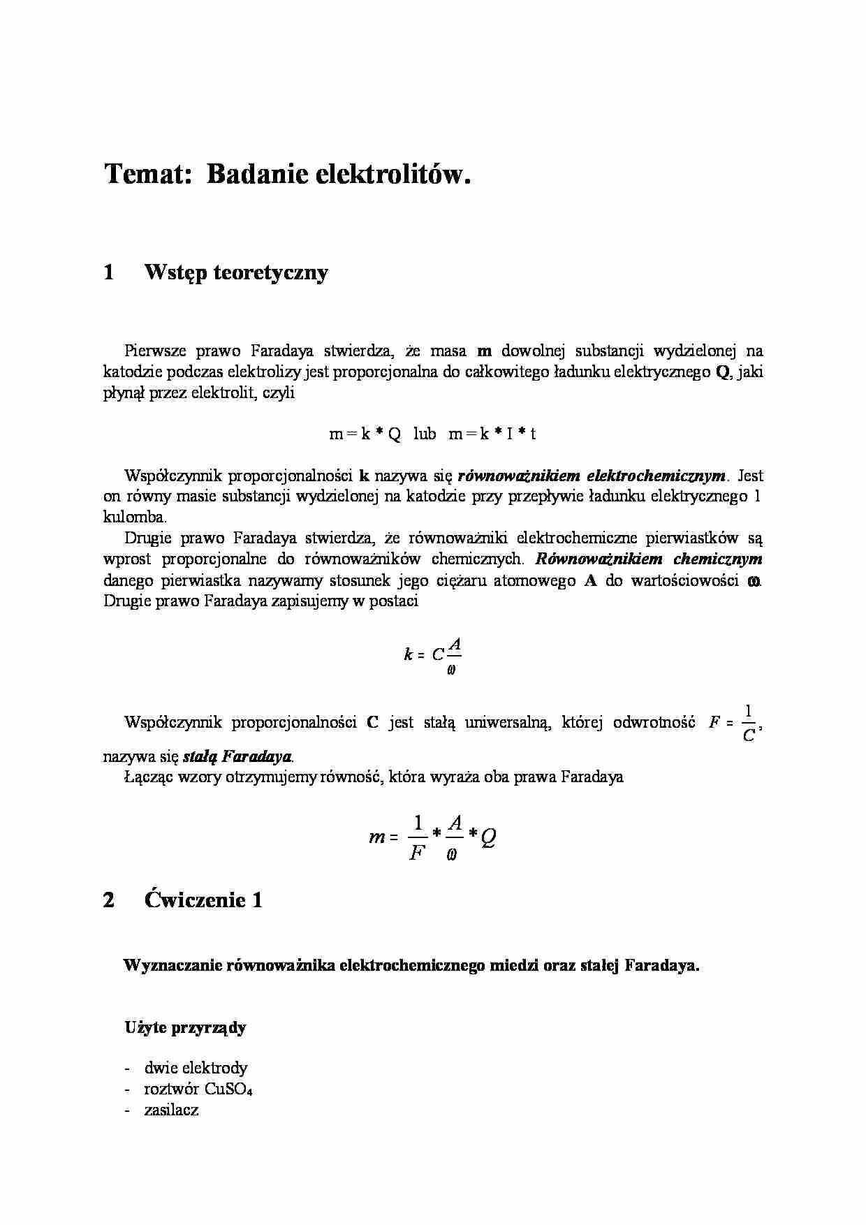 Fizyka - Badanie elektrolitów - stała Faradaya - strona 1
