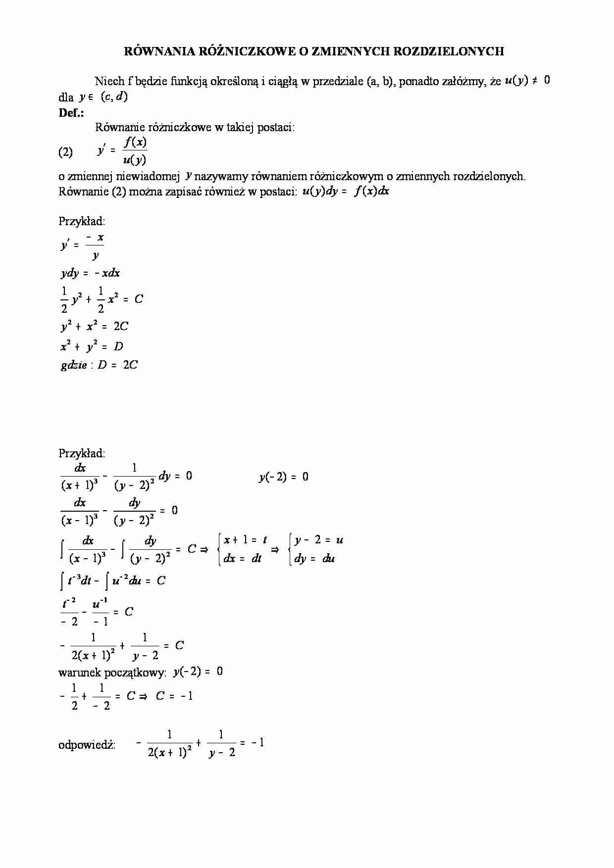 Równania różniczkowe o zmiennych rozdzielonych - strona 1