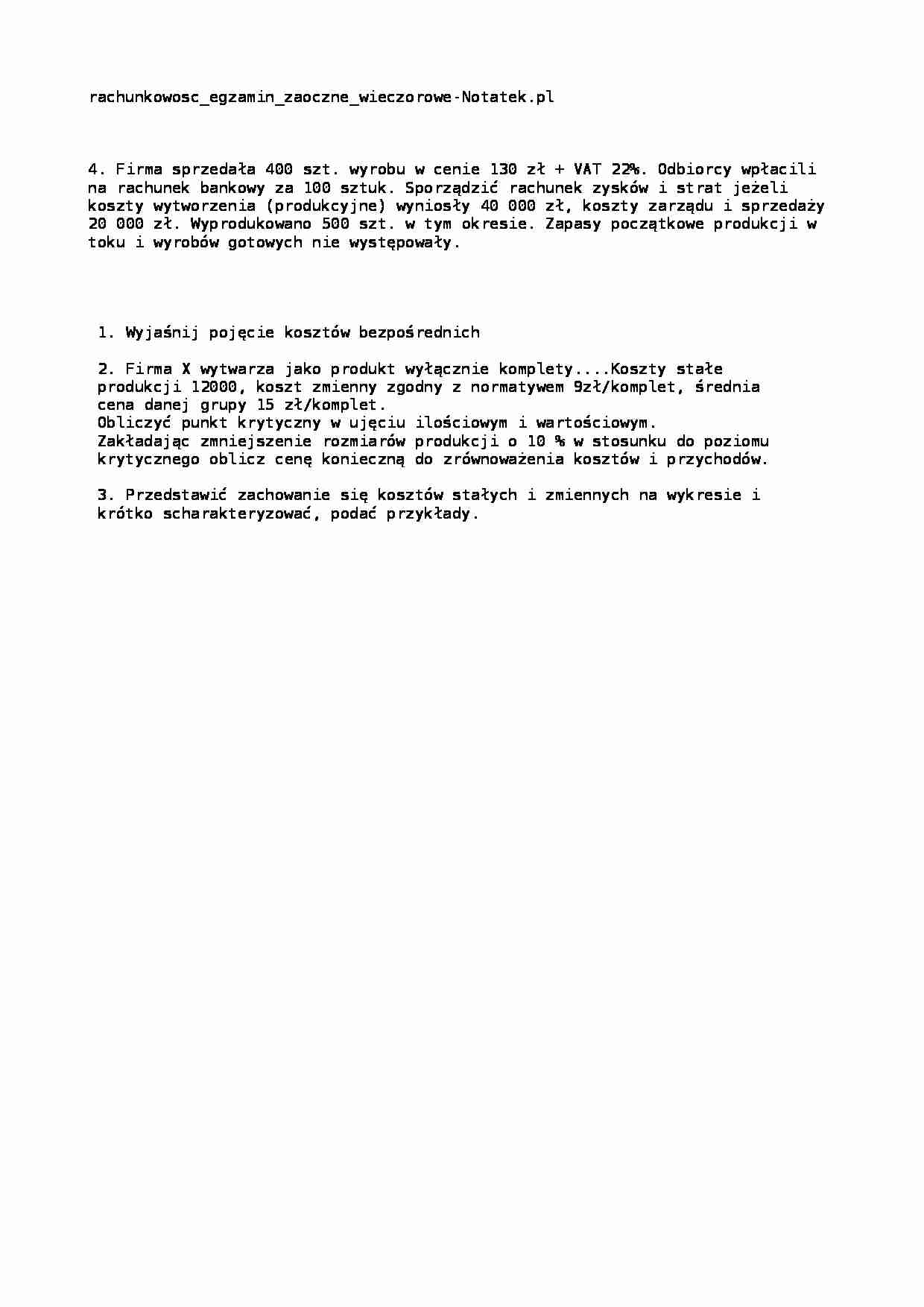 Rachunkowość zarządcza - egzamin, dr Litwa - strona 1