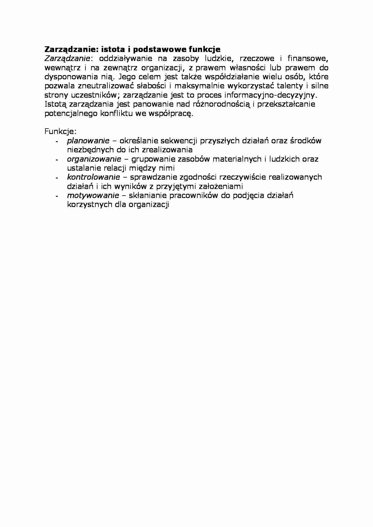 Zarządzanie: istota i podstawowe funkcje - strona 1