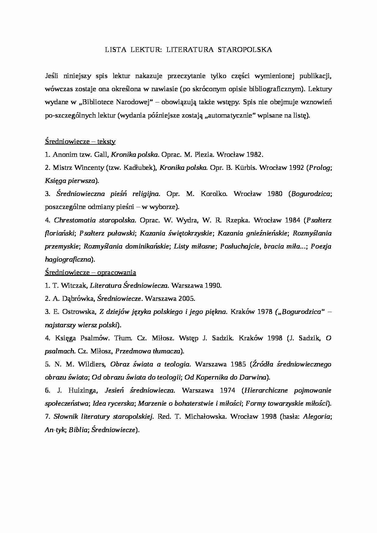 Literatura Staropolska - lista lektur - strona 1