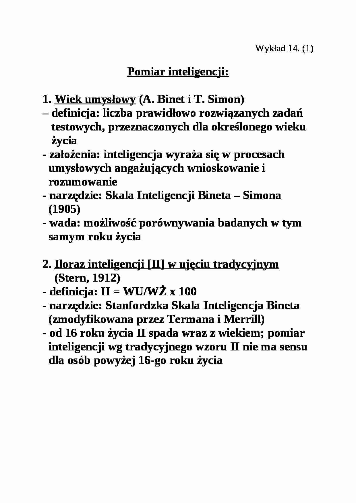 Pomiar inteligencji - wykład nr 14 - strona 1