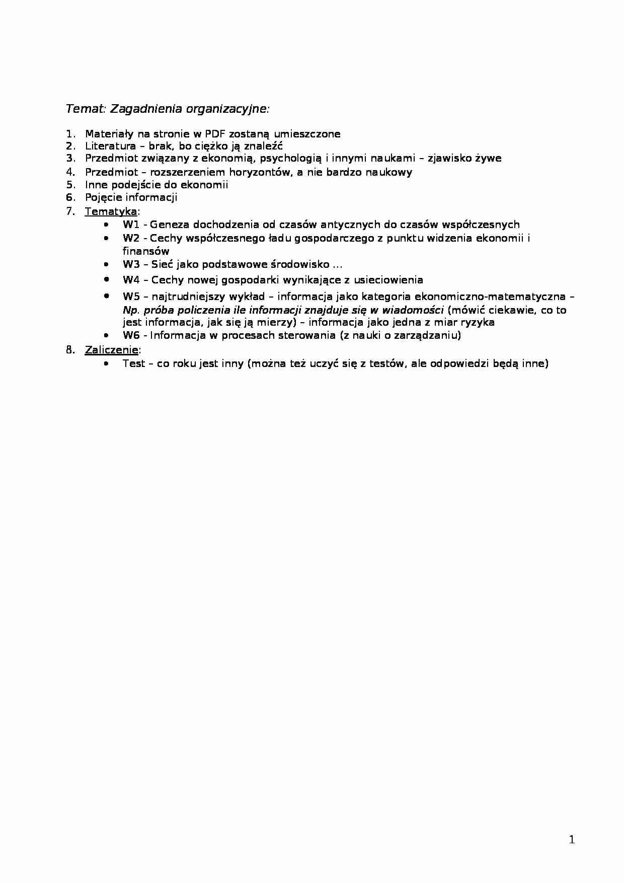 Zagadnienia organizacyjne z przedmiotu - strona 1