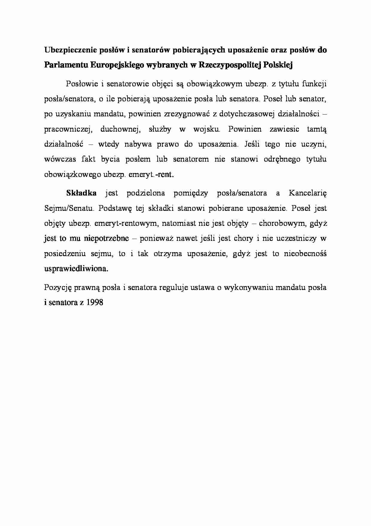 Ubezpieczenie posłów i senatorw pobierających uposażenie oraz posłów do Parlamentu Europejskiego wybranych w Rzeczypospolitej Polskiej - strona 1