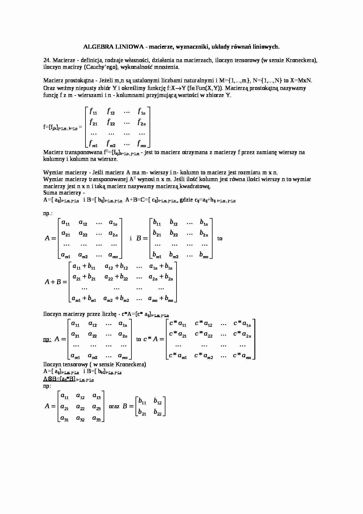 Algebra liniowa-macierze, wyznaczniki, układy równań liniowych - strona 1
