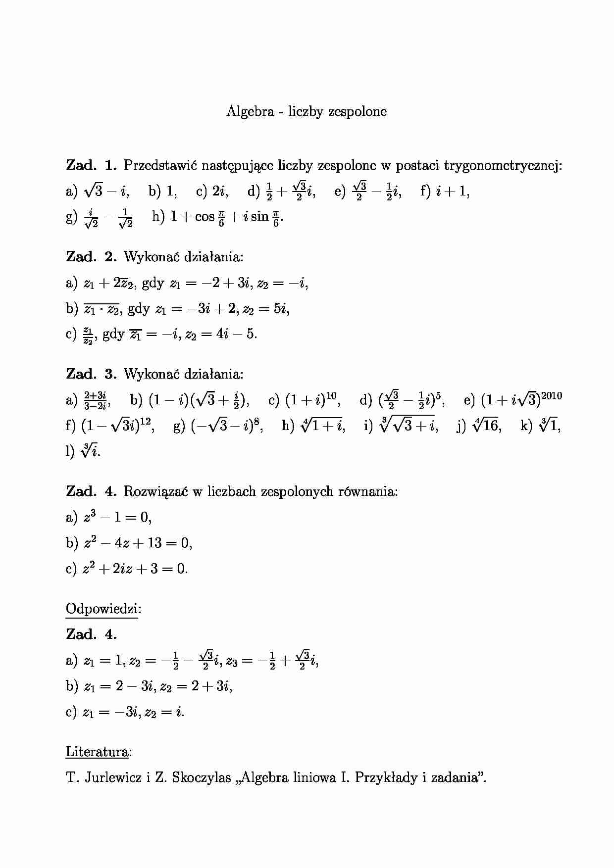 Liczby zespolone - zadania - strona 1