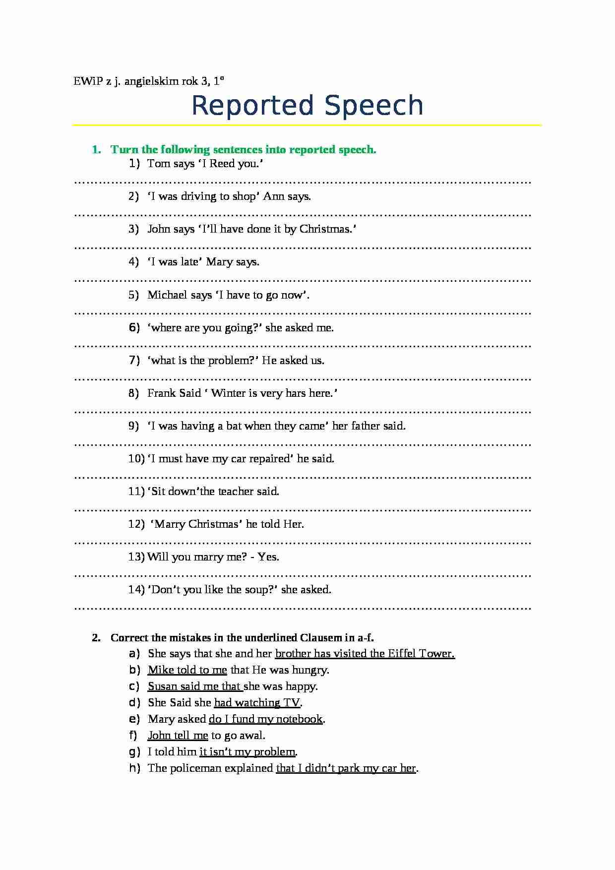 Ćwiczenia z mowy zależnej-język angielski 2 - strona 1
