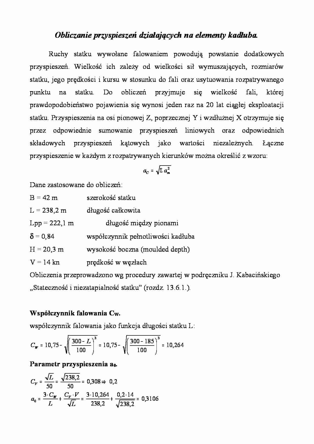 Obliczanie przyspieszeń działających na elementy kadłuba - Współczynnik falowania  - strona 1