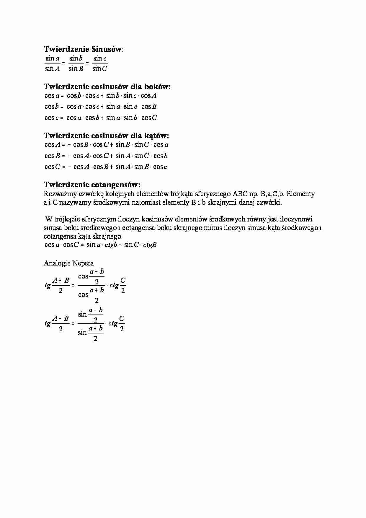 Twierdzenie sinusów, cosinusów i cotangensów - strona 1