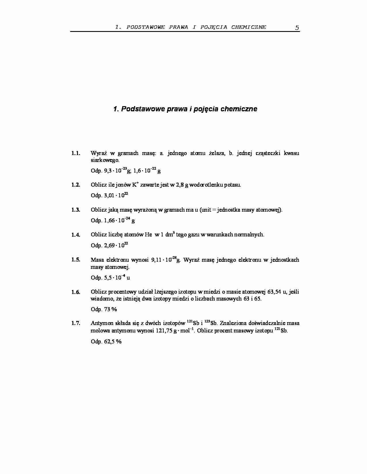 Podstawowe prawa i pojęcia chemiczne - zadania z odpowiedziami - strona 1