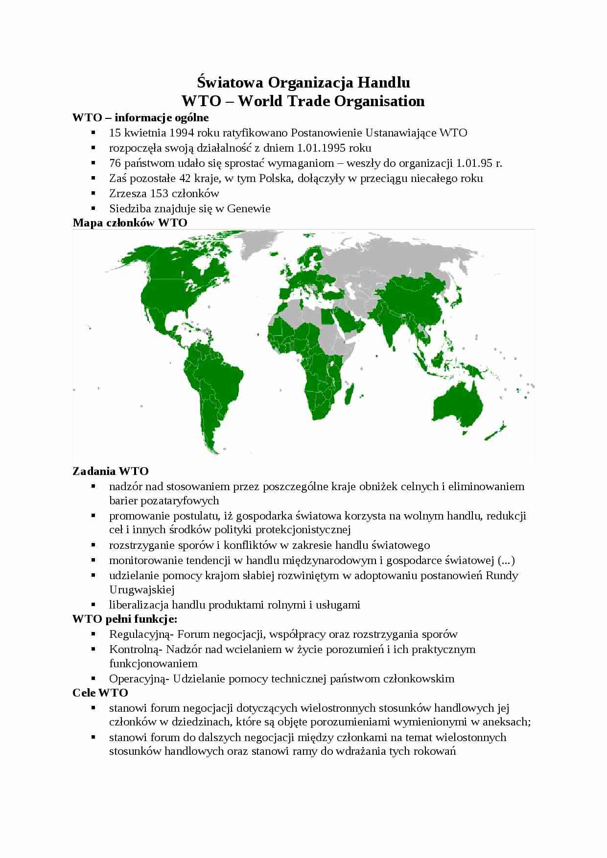 Światowa Organizacja Handlu - wykład z międzynarodowych stosunków gospodarczych - strona 1