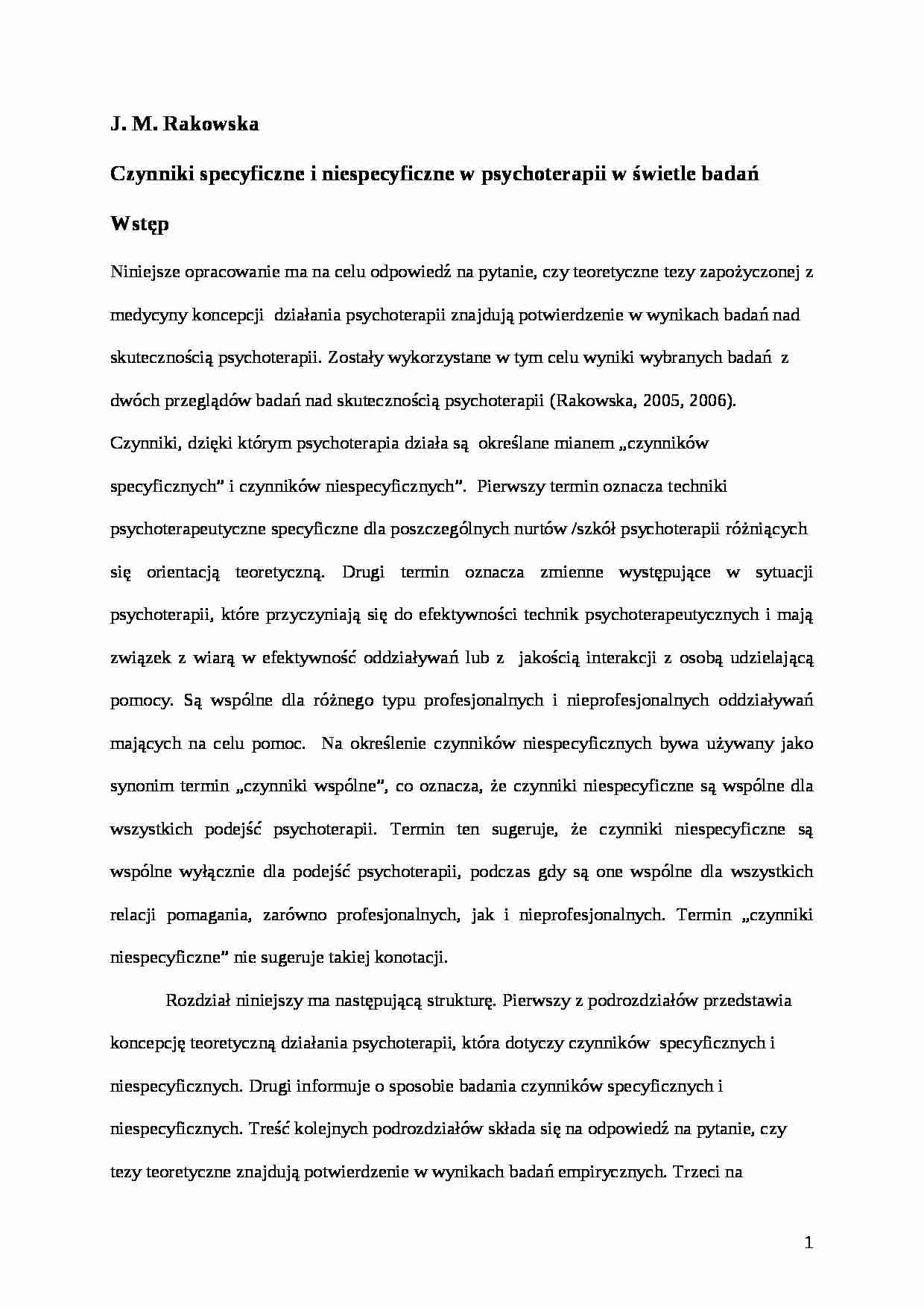 Czynniki specyficzne i niespecyficzne w psychoterapii w świetle badań - strona 1