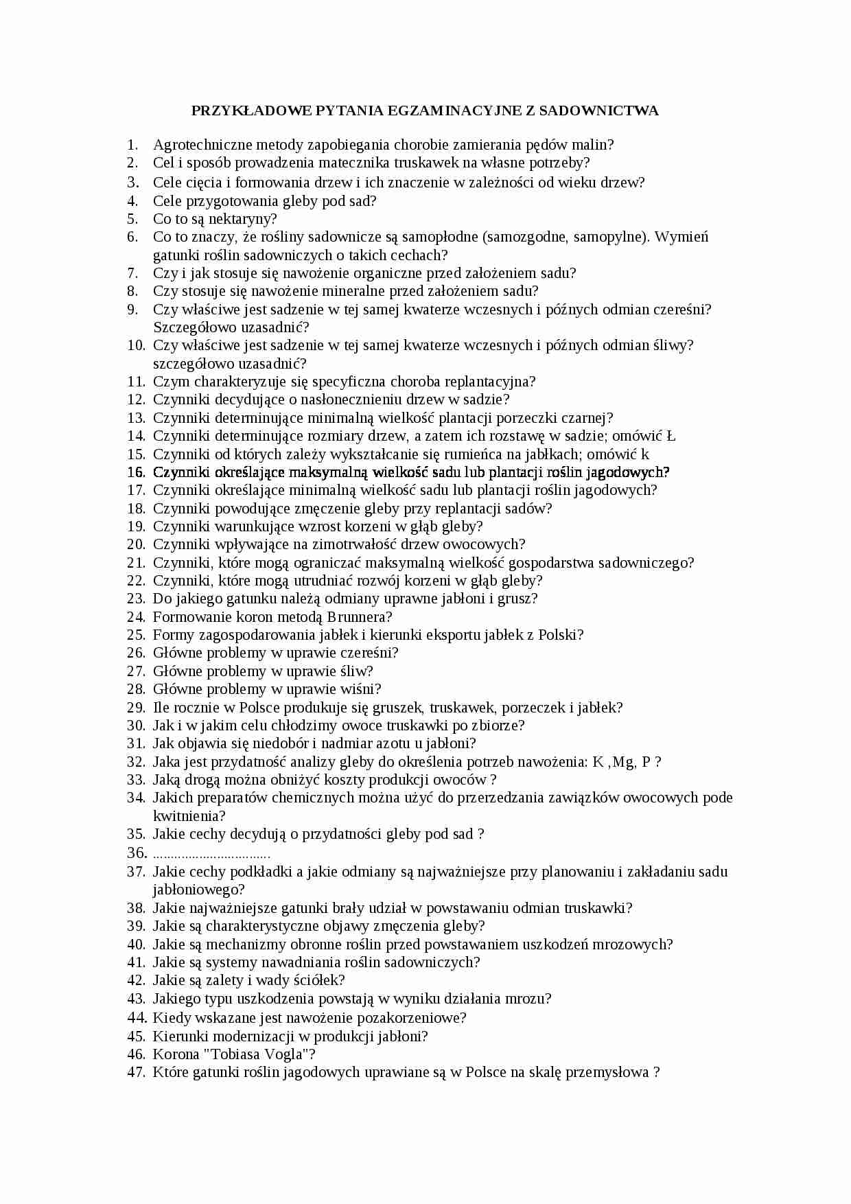 Przykładowe pytania egzaminacyjne z sadownictwa - strona 1