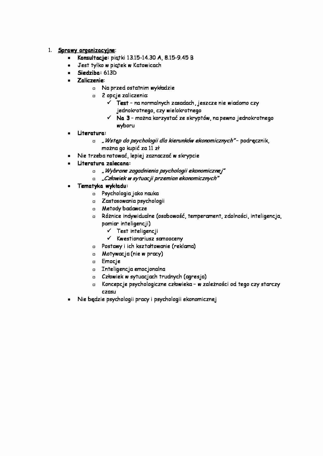 Psychologia - Sprawy organizacyjne - strona 1