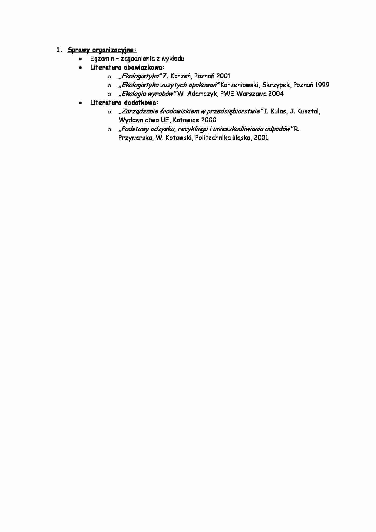 Ekologistyka - Sprawy organizacyjne - strona 1