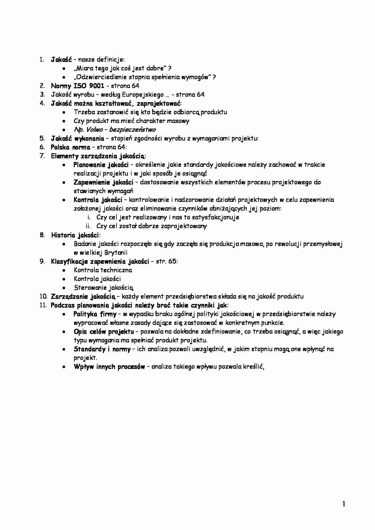 Zarządzanie projektami - Jakość - strona 1
