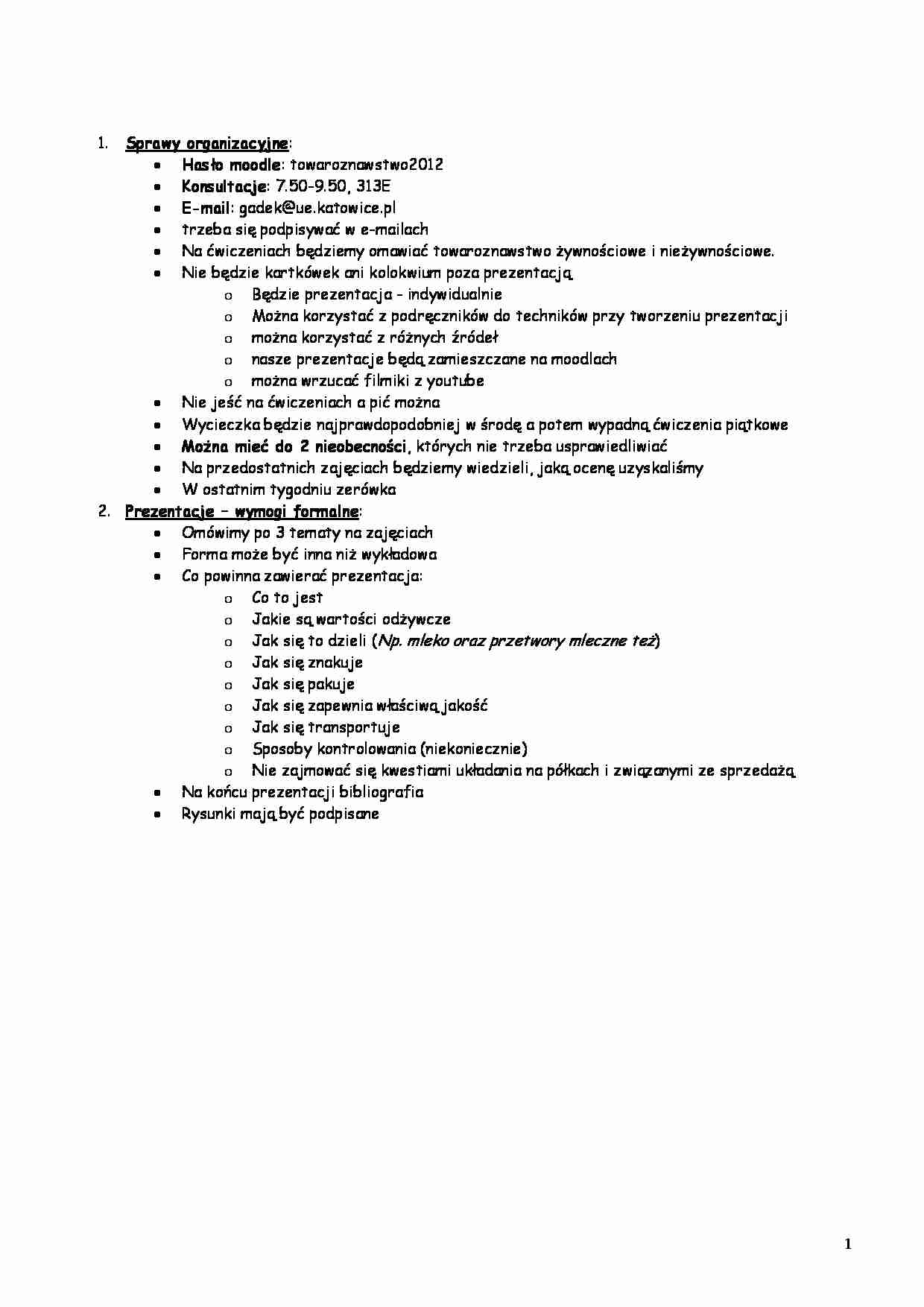 Towaroznastwo - sprawy organizacyjne ćwiczenia - strona 1