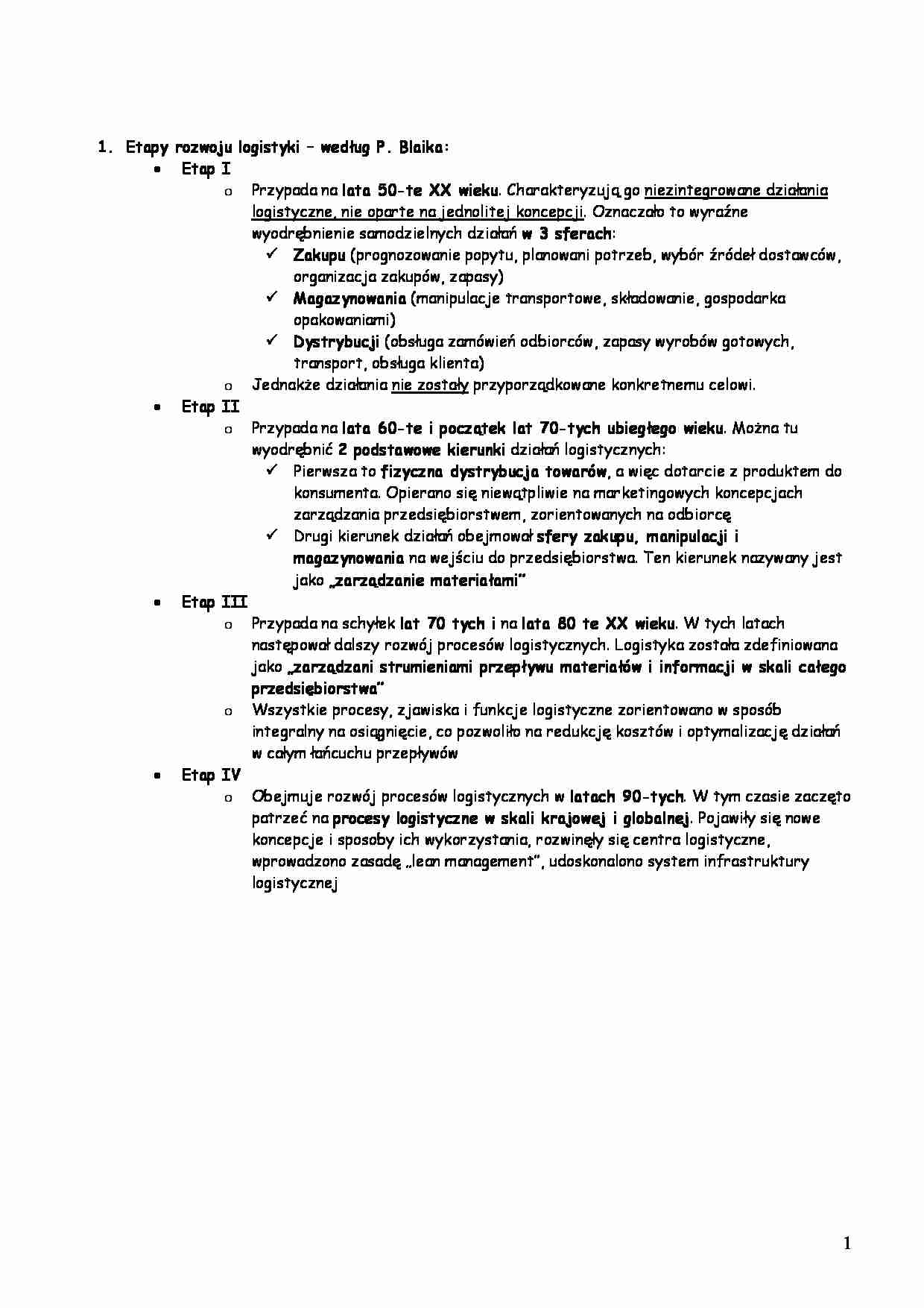 Etapy rozwoju logistyki według Blaika - strona 1