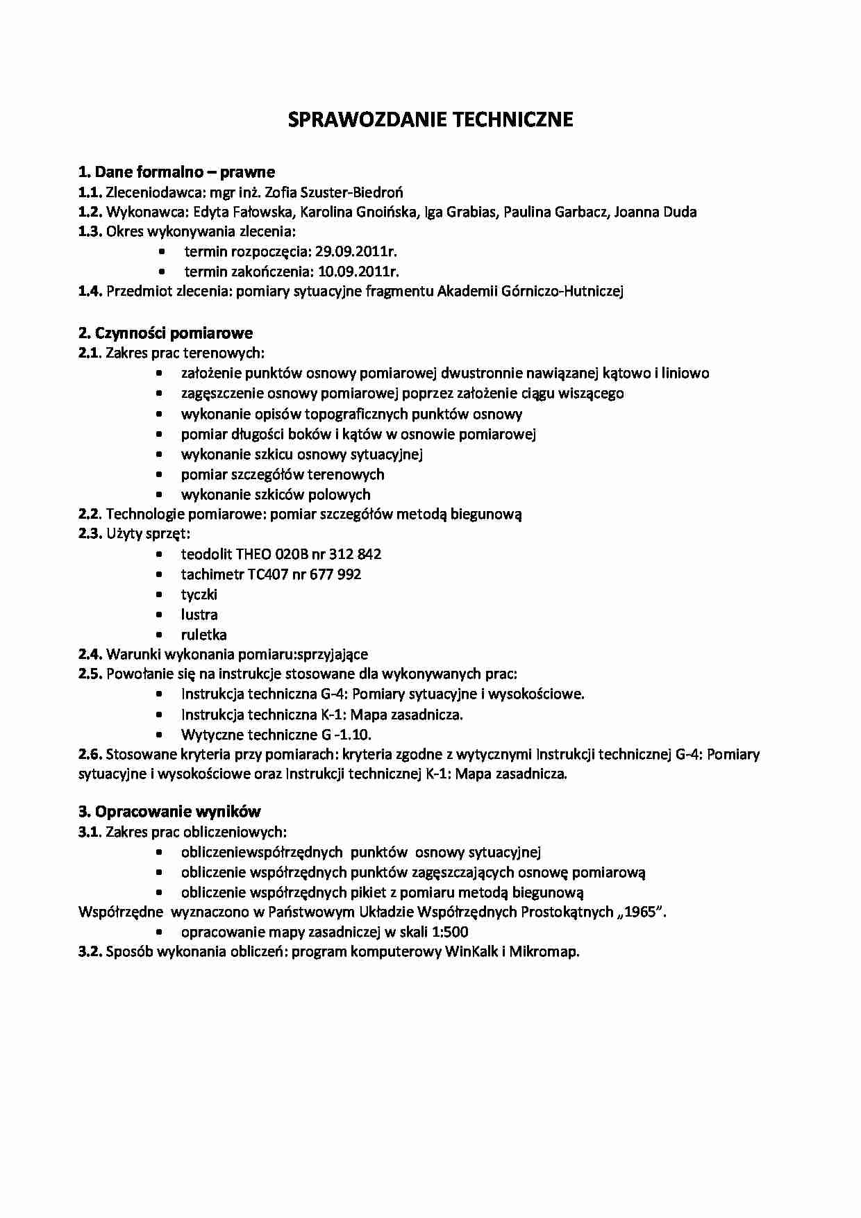 Sprawozdanie techniczne zlecenia: pomiary sytuacyjne fragmentu Akademii Górniczo-Hutniczej - strona 1