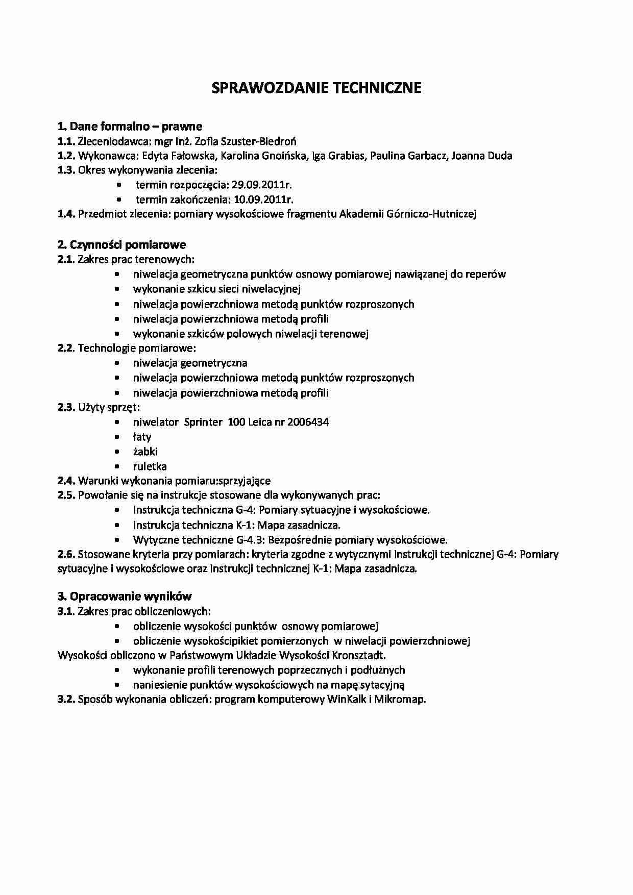 Sprawozdanie techniczne -pomiary wysokościowe fragmentu Akademii Górniczo-Hutniczej - strona 1