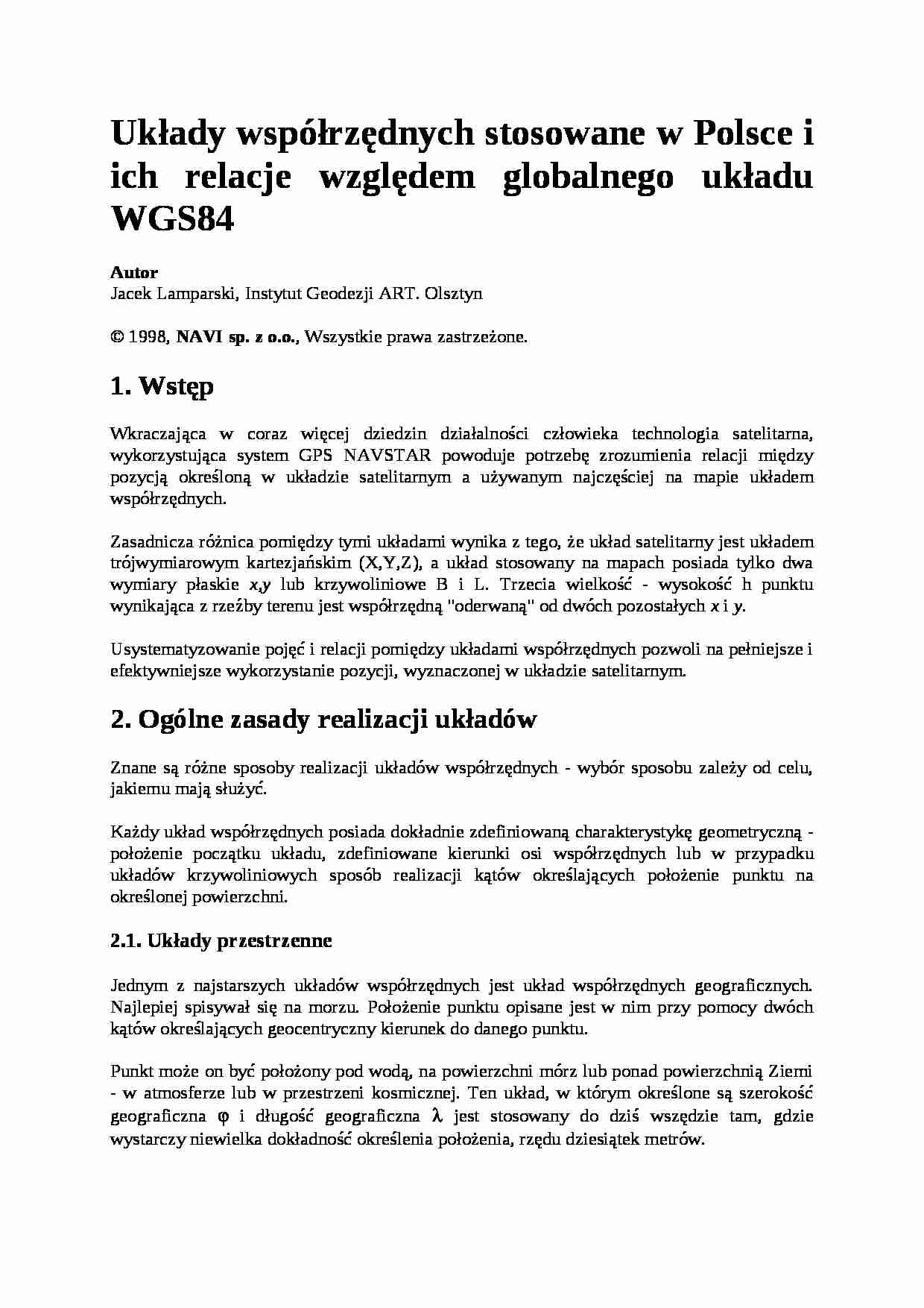 Układy współrzędnych stosowane w Polsce i ich relacje względem globalnego układu WGS84 - strona 1
