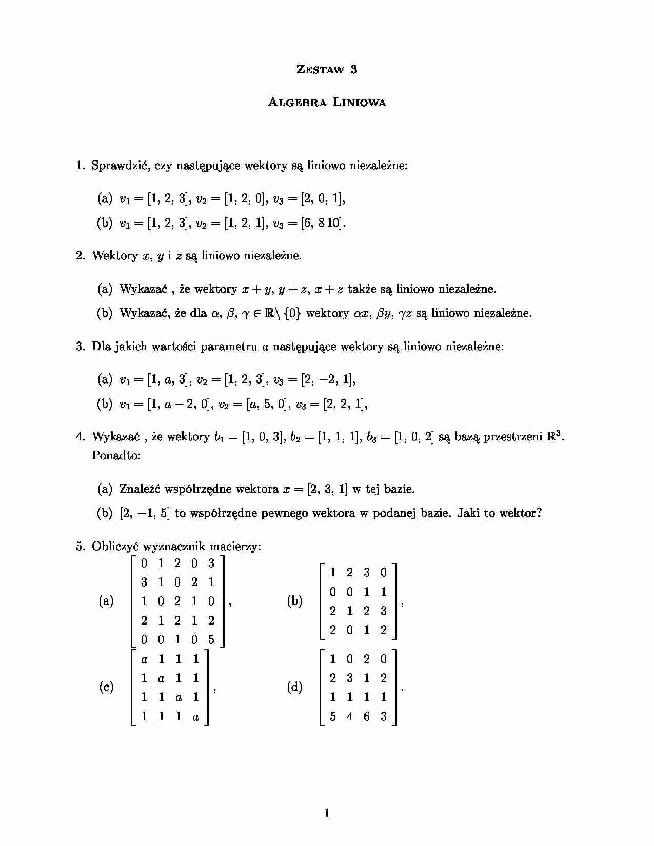 Algebra liniowa - zestaw zadań - strona 1