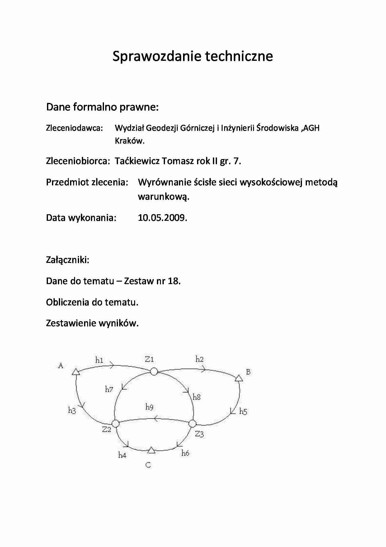 Sprawozdanie techniczne -Wyrównanie ścisłe sieci wysokościowej metodą warunkową - strona 1