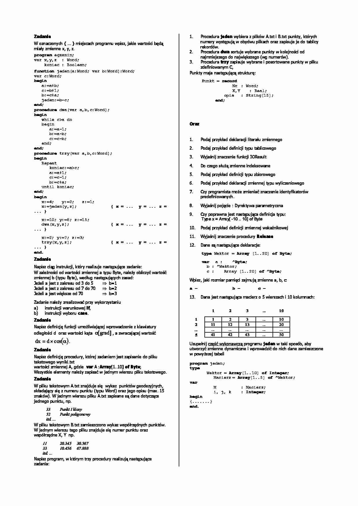 Zadania na egzamin - programowanie komputerów - strona 1