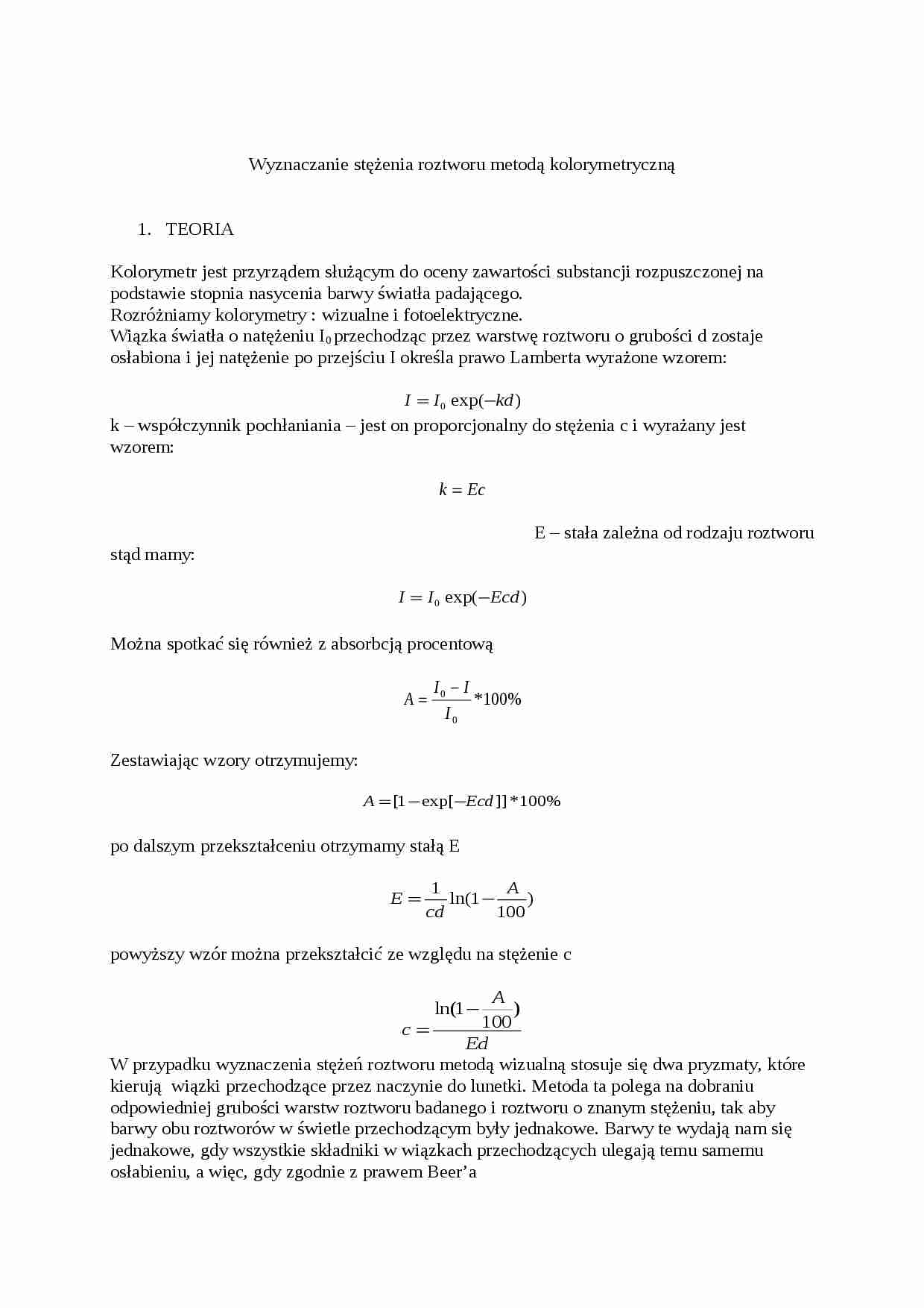 Wyznaczanie stężenia roztworu metodą kolorametryczną - strona 1