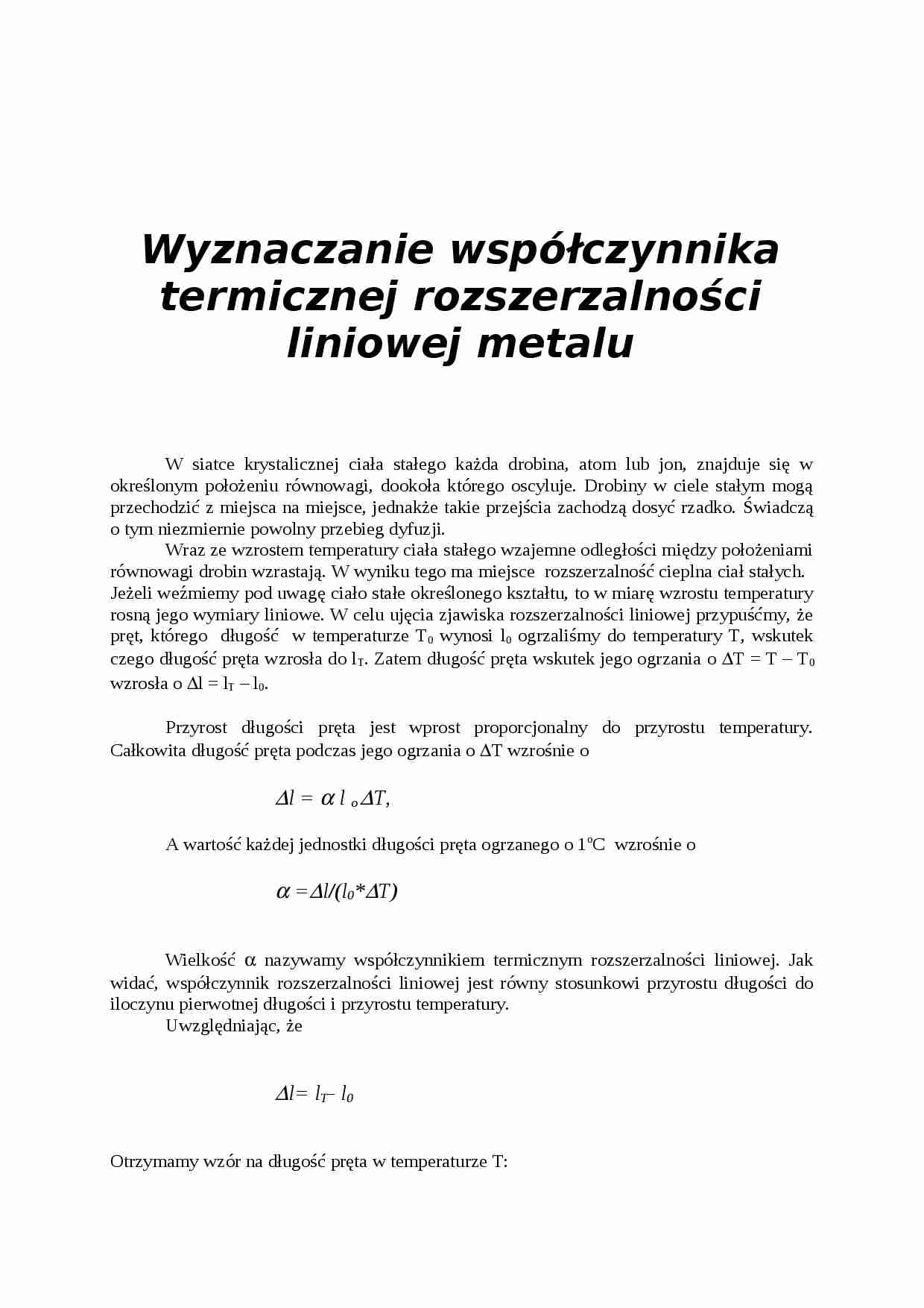 Wyznaczanie współczynnika termicznej rozszerzalności liniowej metalu - strona 1