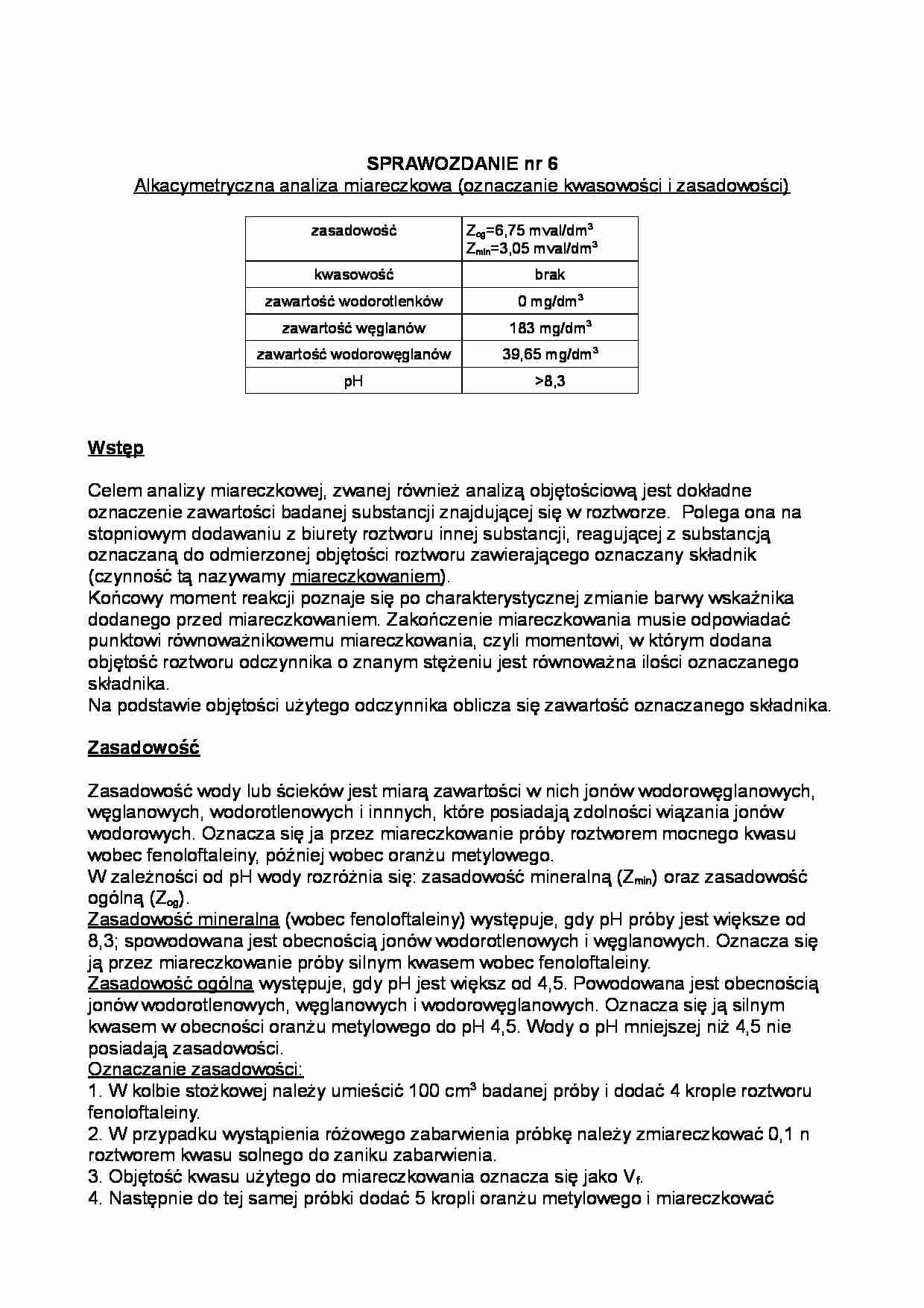 Sprawozdanie - alkacymetryczna analiza miareczkowa, kwasowość i zasadowość - strona 1