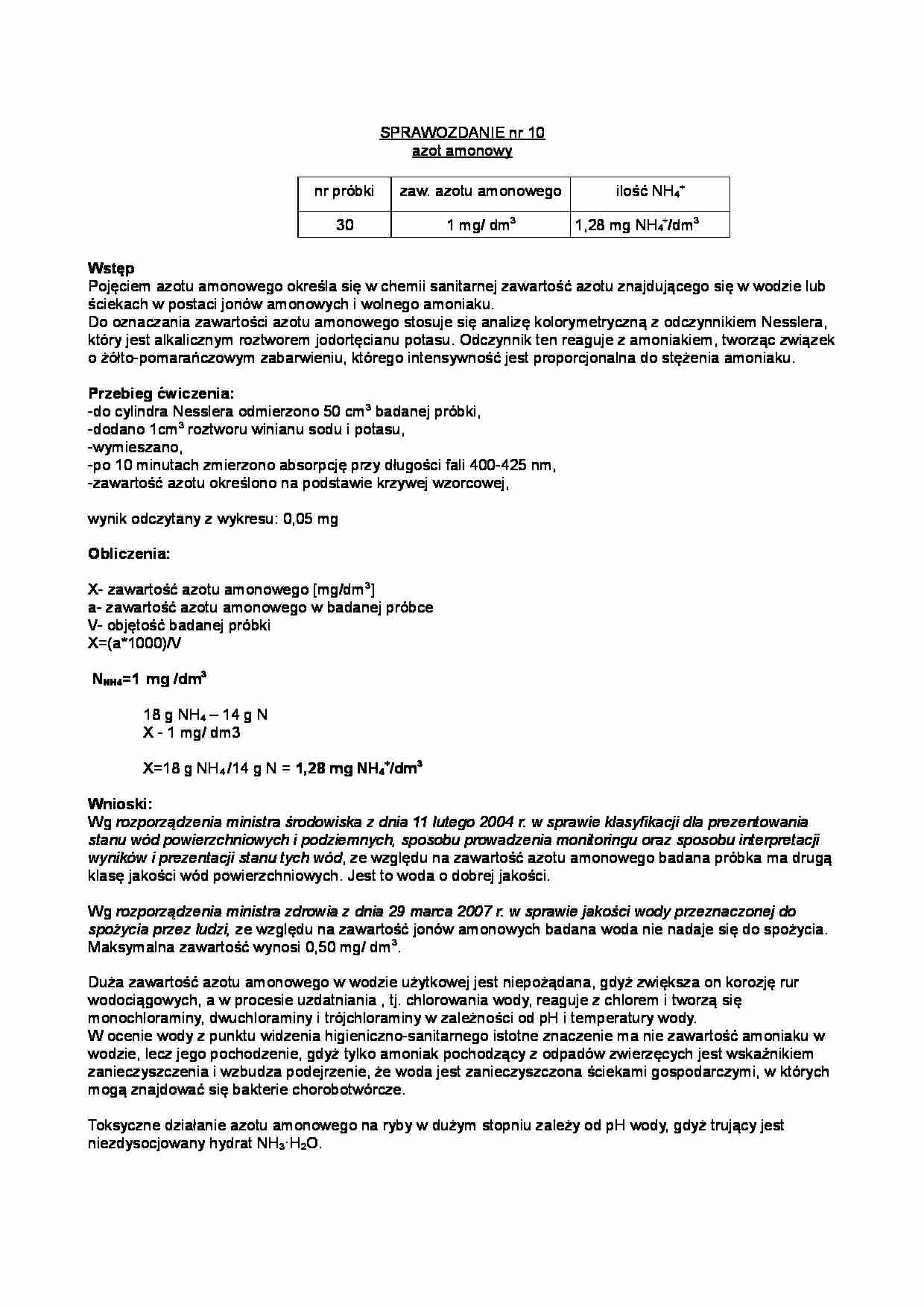 Sprawozdanie - azot amonowy - strona 1