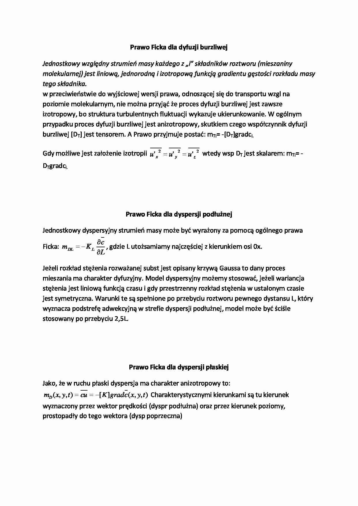Prawo Ficka dla dyfuzji burzliwej, dyspersji podłużnej i płaskiej - strona 1