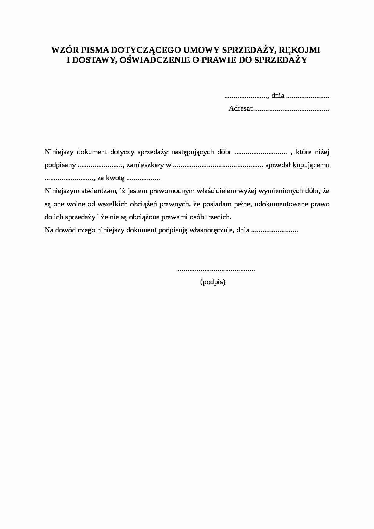 Wzór pisma dotyczącego umowy sprzedaży - strona 1