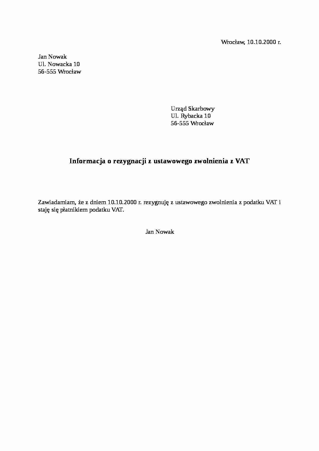 Rezygnacja Z Matury Po 7 Lutym Informacja o rezygnacji z ustawowego zwolnienia z VAT - Notatek.pl