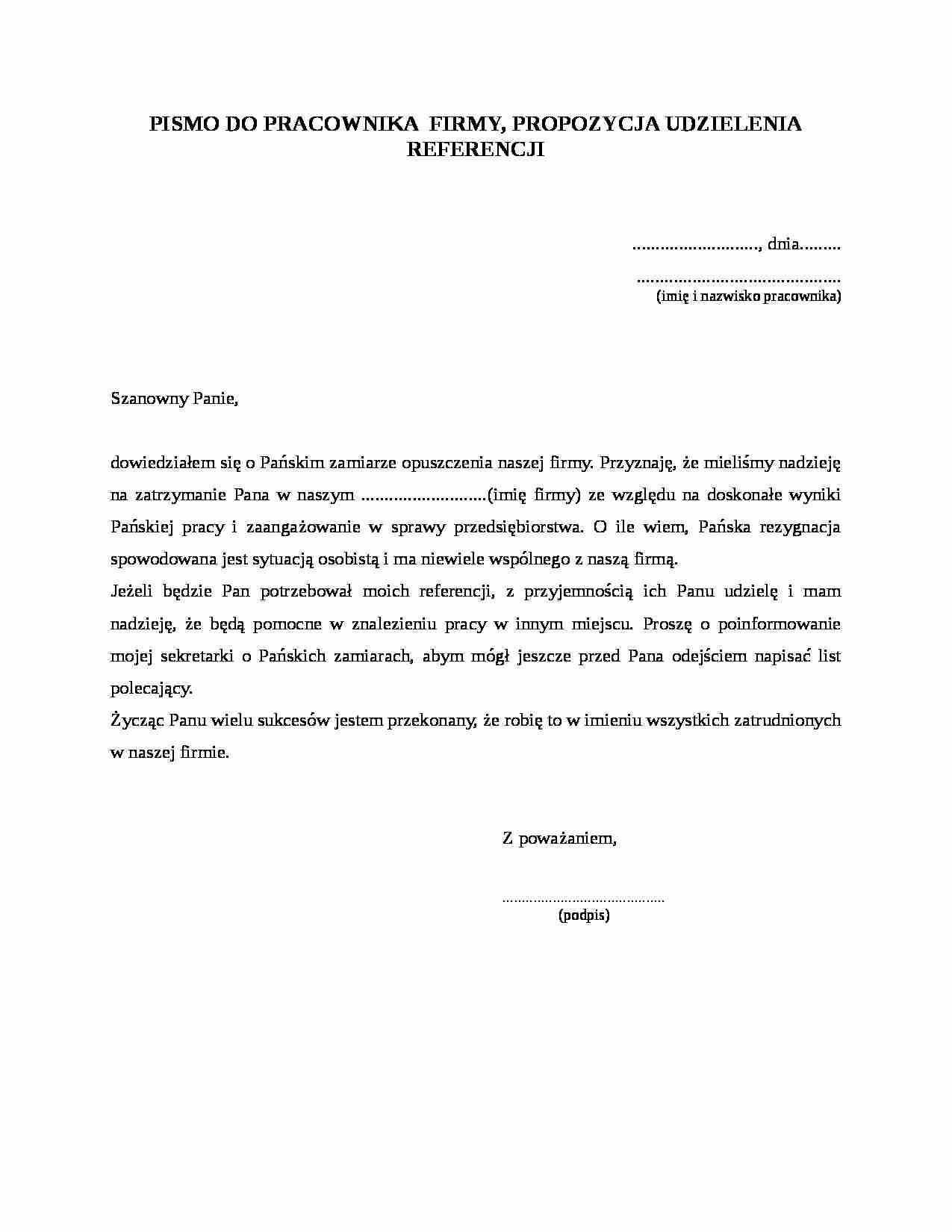 Pismo do pracownika firmy, propozycje udzielenia referencji - strona 1
