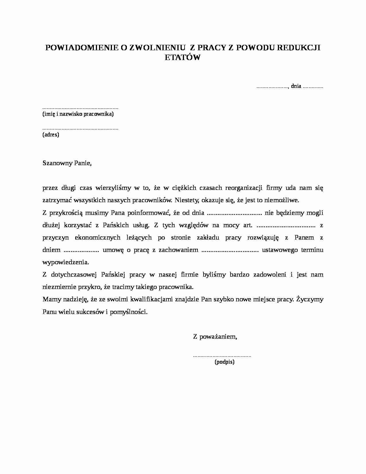 Powiadomienie o zwolnieniu z pracy z powodu redukcji Notatek.pl